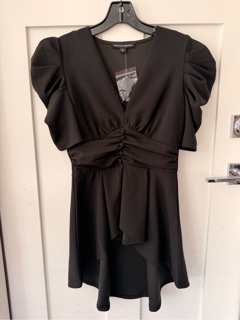 Boston Proper Black High-Low V-Neck Dress with Puff Sleeves